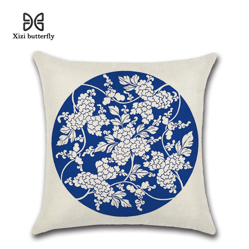 Декоративная наволочка в китайском стиле этническом сине белая фарфоровая