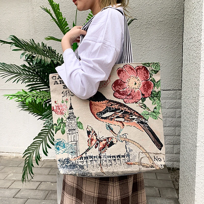 

Ethnic Style Tote Bag Ladies Canvas Printing Shopping Bag Foldable Women Bags Fashion Handbag Reusable Shoulder Bag