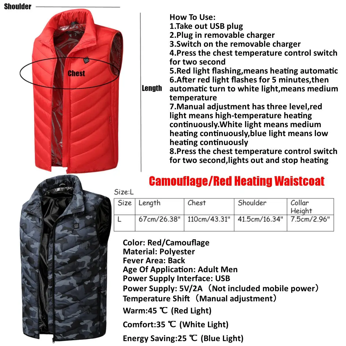

Men Women Outdoor USB Infrared Heating Vest Flexible Electric Thermal Winter Warm Jacket Clothing For Sports Hiking Riding