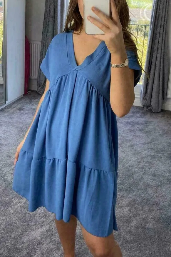 

Good Quality Women Dresses Summer V Neck Solid Color Midi Dress Beach Big Swing Casual Short Dress Harajuku Clothing Vestido