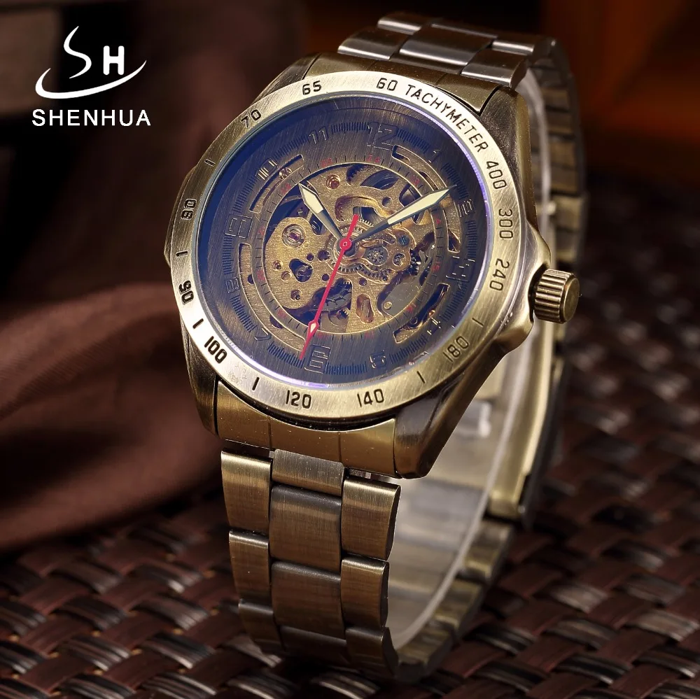 

SHENHUA Bronze Metal Mechanical Watch Automatic Skeleton Watch Antique Mens Self Winding Wristwatch Clock Men relogio Masculino