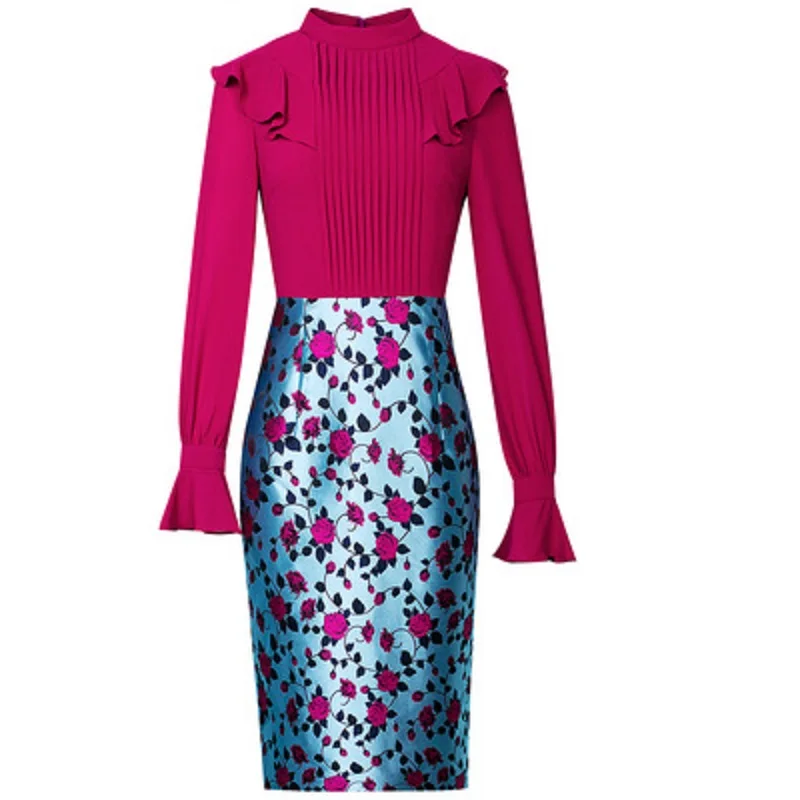 

Office lady slim New Solid 2021 Autumn Spring dress women's O-neck print stitching split professional Ruffles patchwork skirt