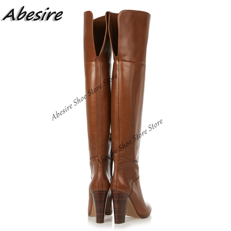Abesire Long Boots Brown Slip On Wooden High Heel Round Toe Thigh High Boots Women Boots Solid New Autumn Winter Big Size Shoes