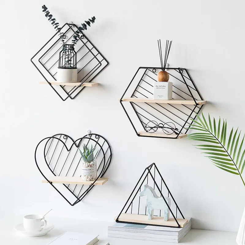 Скандинавский деревянный железный настенный стеллаж DIY сборка Геометрический