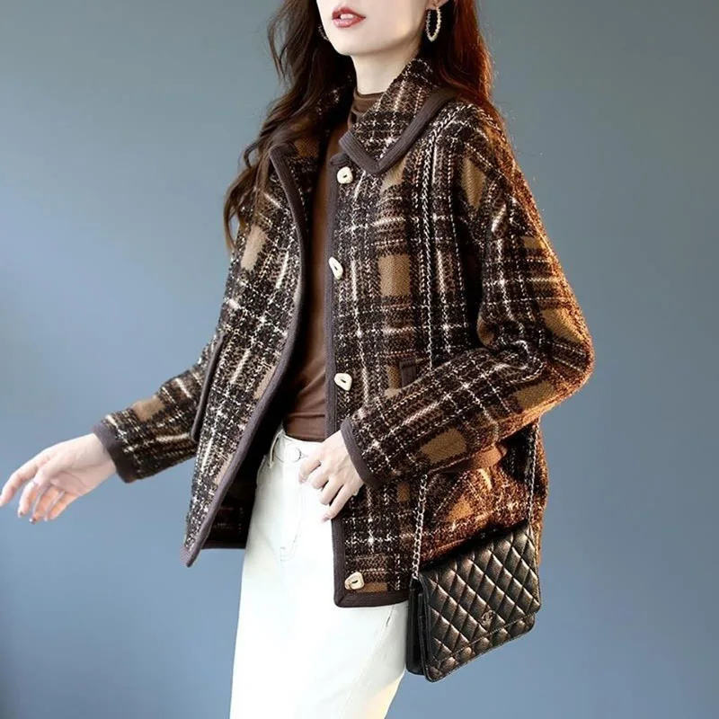 

New 2022 Spring Autumn Woolen Coat Fashion Plaid Overcoat Short Casual Woolen Blended Jacket Tops Loose Outerwear Female