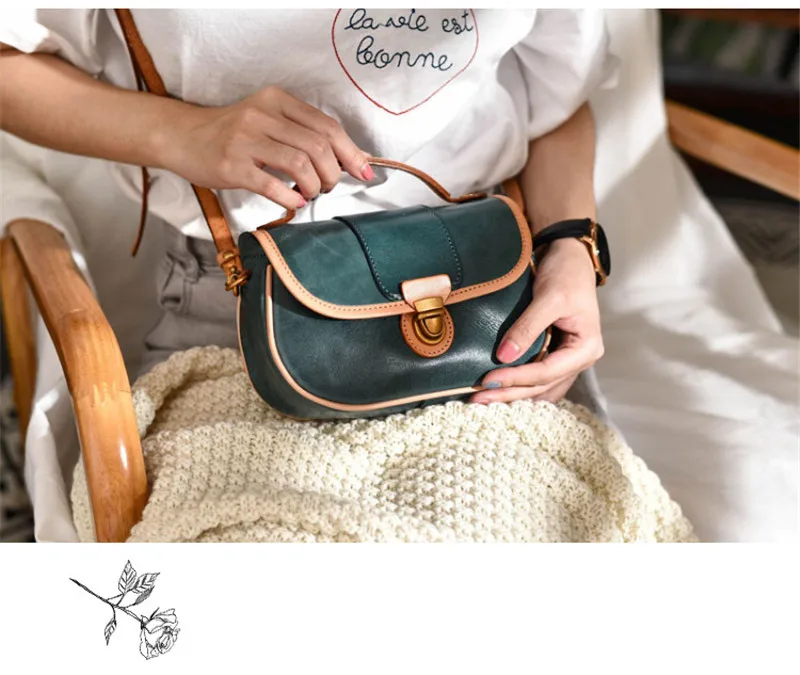 High-quality French hit color genuine leather saddle bag shoulder messenger bag small bag handmade leather mini handbag