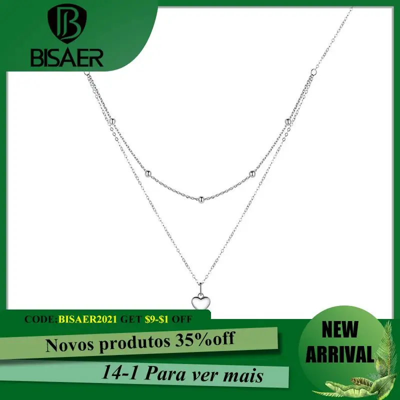 

BISAER Necklaces 100% 925 Sterling Silver Heart Shape Love Pendants Original Link Chain For Women Fine Jewelry Gift HVN168