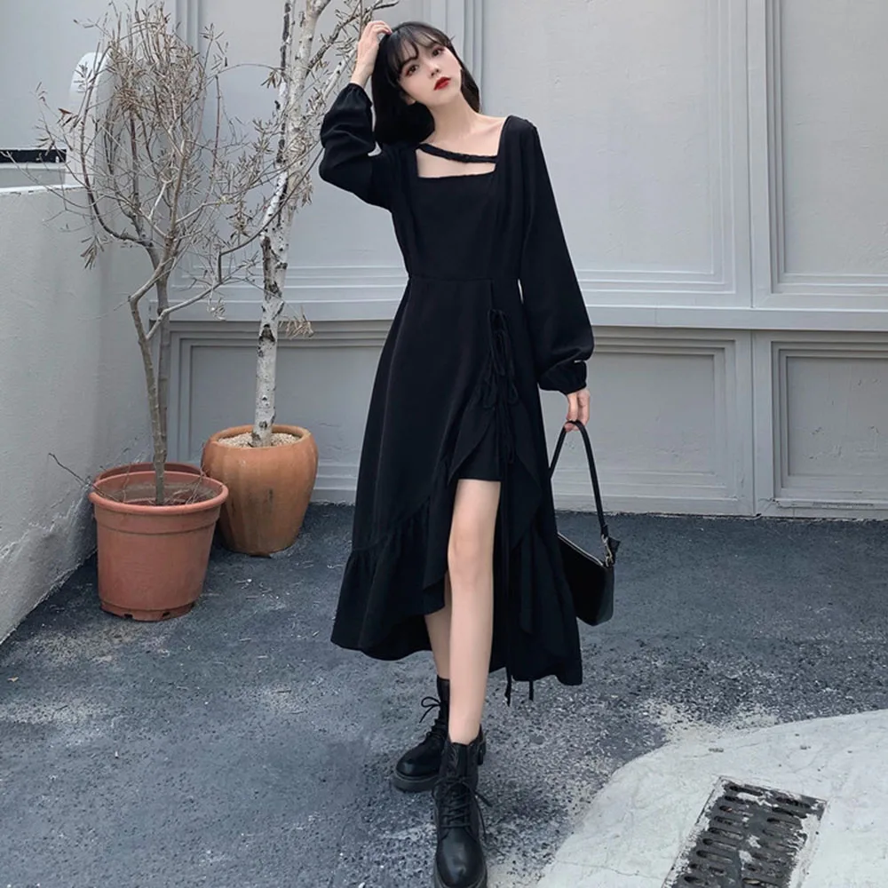 

High Street Temperament Casual Women's Dress Spring Summer 2021 Irregular Ruffle Black Square Collar Long Sleeve