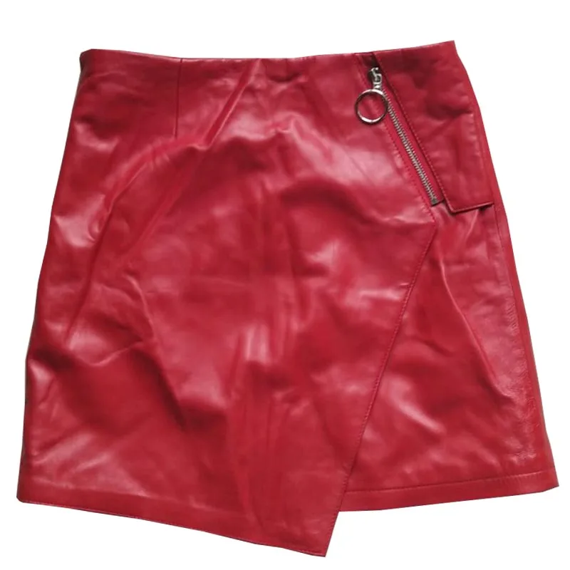

Genuine Spring Autumn Leather Red Skirt Women Luxury Sheepskin Asymmetry Zip Short Skirt Plus Size Street Slim Office Wrap Skirt