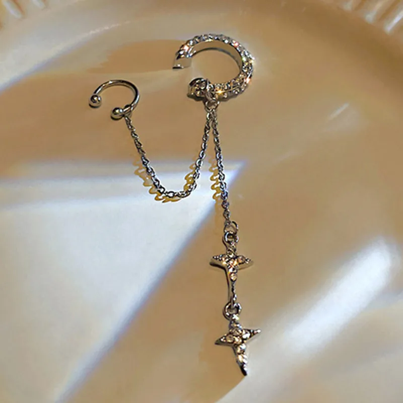 

1 простой Блестящий крест в форме звезды, клипса для ушей, длинная цепочка, серьги с кисточками для женщин, Геометрическая клипса для ушей, юв...