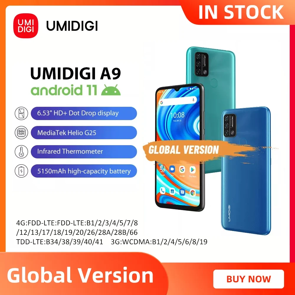 UMIDIGI A9 глобальная версия смартфона Android 11 Helio G25 Octa Core, 3 Гб оперативной памяти + 64 Гб 6,53