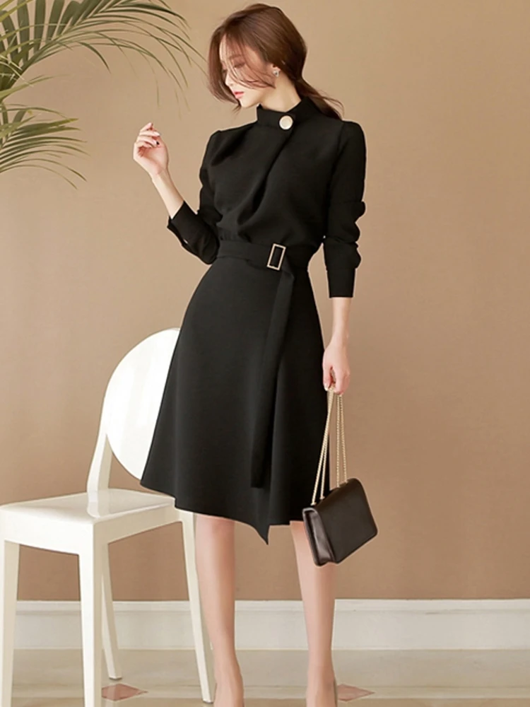 

Cotday Cotton Button A Line Sashes Knee-Length Office Stand Neck Belted Black Loose 2020 New Autumn Women Elegant Split Dress