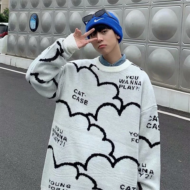 

Вязаный свитер с круглым вырезом, Свободный Топ с длинным рукавом и принтом, повседневная мужская одежда, пуловер, трендовый свитер, зимние ...