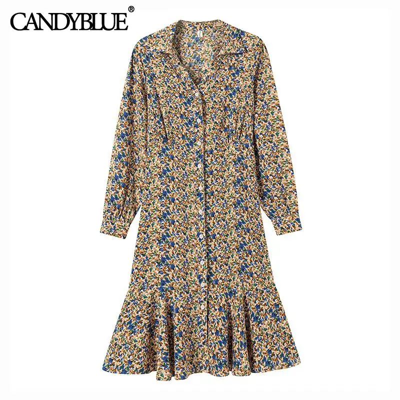 

French fishtail dress 2022 spring new Korean fashion retro holiday style chiffon floral single-breasted shirt dress female