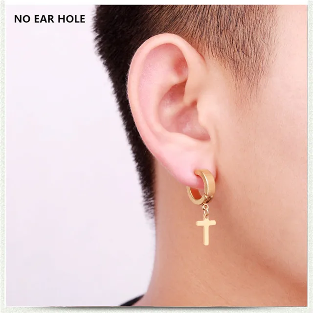 gold no ear hole Tanggujin 1 шт. Панк Крест Подвеска круглой формы Висячие серьги для женщин Рок мужчин простые из нержавеющей стали висячие серьги ювелирные изделия - Окраска металла: gold no ear hole