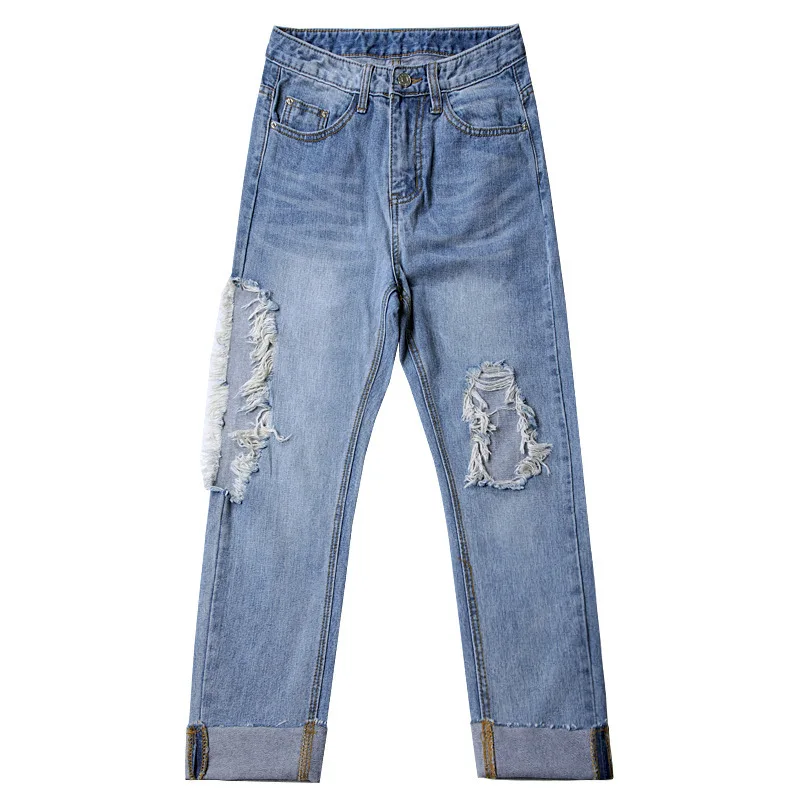 

Big Hole Beggar Pants Women Streetwear Boyfriend Loose Casual Light Color High Waist Frayed Harem Pants Denim Pants