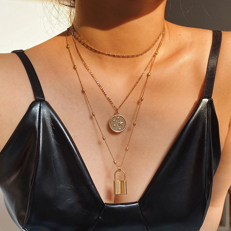 Ожерелье многослойное с подвеской замок женское объемное колье в стиле хип-хоп