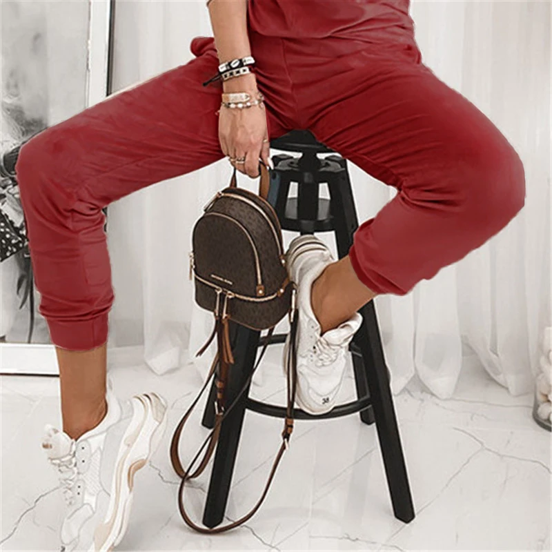 

Women Casual Soft Solid Color Velvet Sweatpants Spring Vintage High Waist Pockets Sport Pants Streetwear Sequined Pencil Pants