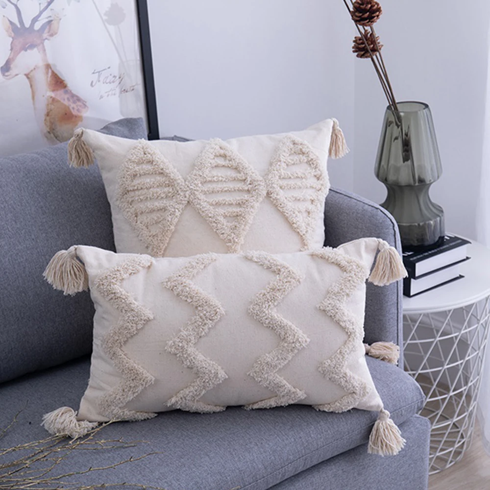 

Yingya Tassels Cushion Cover 45X45CM /30x50cm Cotton pillow cover Ivory Loop Tufted for Home decoration Netural Living Room Bed