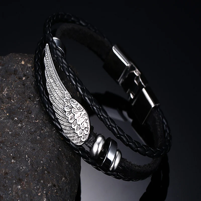 Korean Version Of Stainless Steel Accessories Multi-layer Braided Leather Angel Wings Bracelet Fashion Small Jewelry For Men | Украшения и