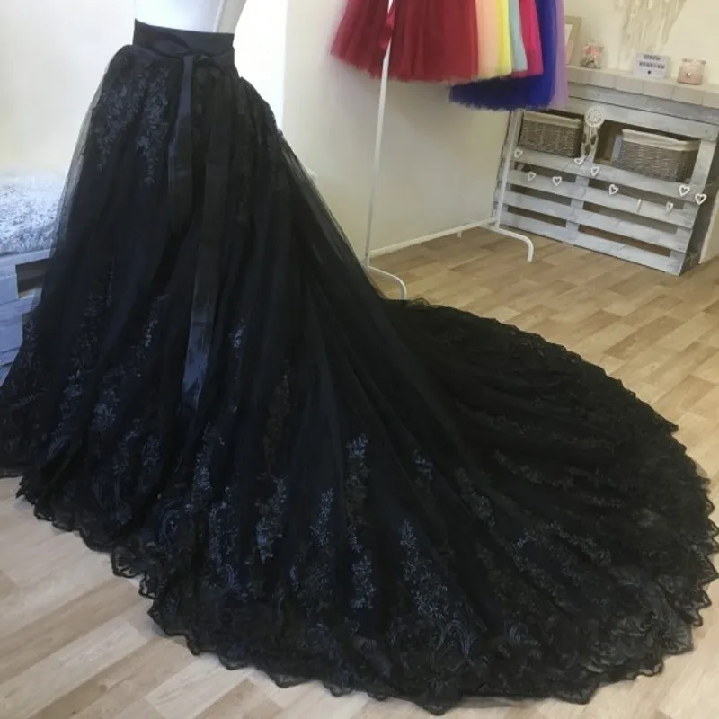 

Vintage Tulle Skirt Long Women Skirts Applique Black Mesh Saias Faldas Girl Dreamlike Bride Skirt Tutu Full Length