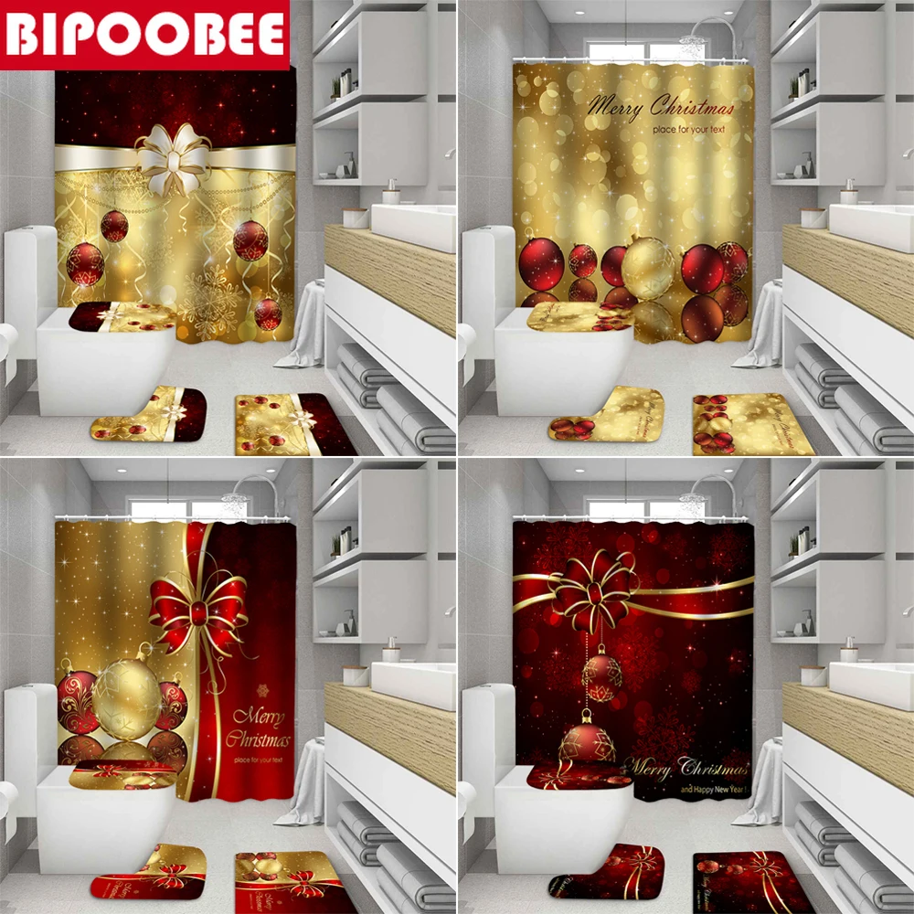 

Rosette Bells Gold and Red Printed Shower Curtain Merry Christmas Bathroom Set Bath Mats Rug Toilet Lid Cover Partition Curtains