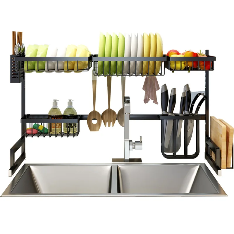 

Stainless steel sink rack black drain rack sink bowlware rack dish rack kitchen shelf 2 layer storage shelf