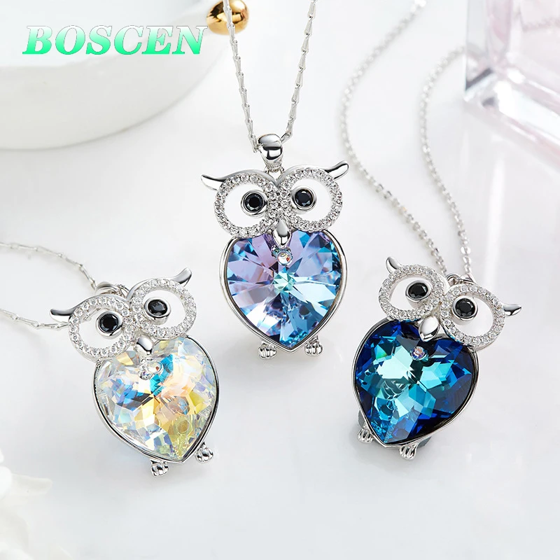 BOSCEN 925 Sterling Silver Pendant Necklace For Women Birthday Gift Colorful Owl Embellished With Crystals From Swarovski