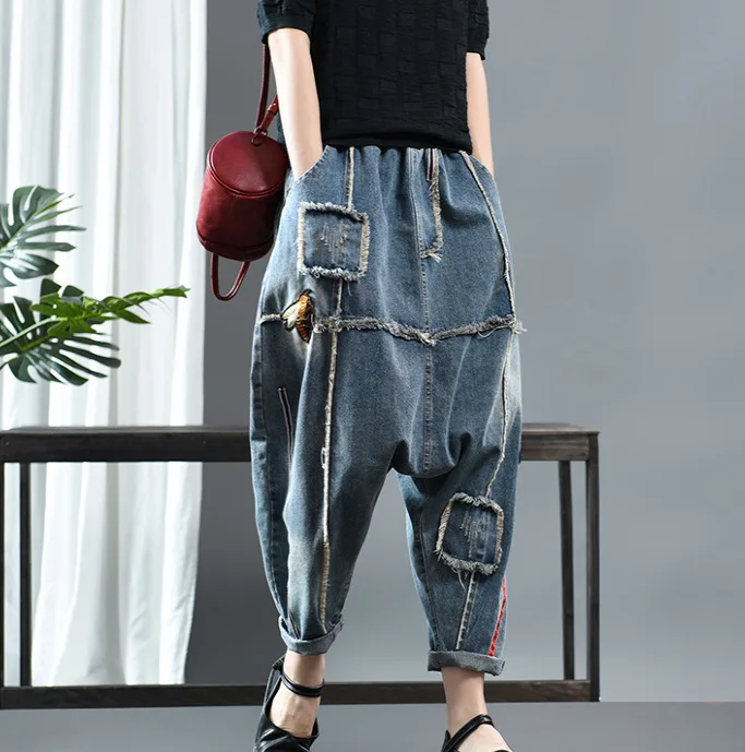 Spring Denim Jeans Women Retro Print Patchwork Sanding Wide Loose Washed Female Full-Length Cross-pants Vintage Tide Fahsion |