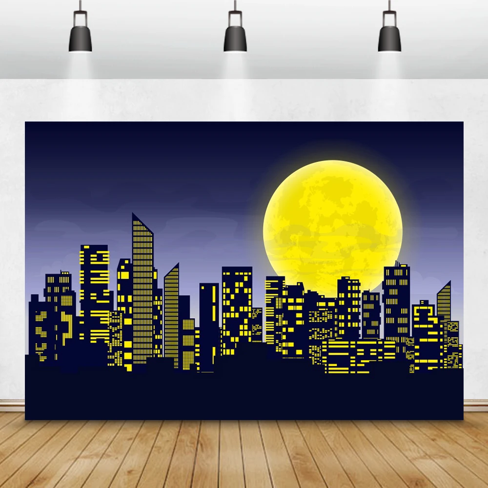 

Laeacco City Building Night Superhero Birthday Moon Baby Party Photo Backdrop Photographic Background Photocall For Photo Studio