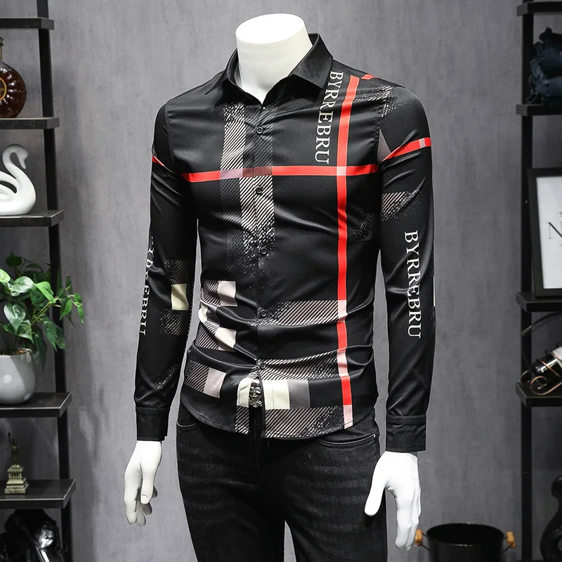 

New Fashion Hot Sale Brand 2021 autumn men's causal high quality silk printed shirt male slim korea style fit shirt M-5XL