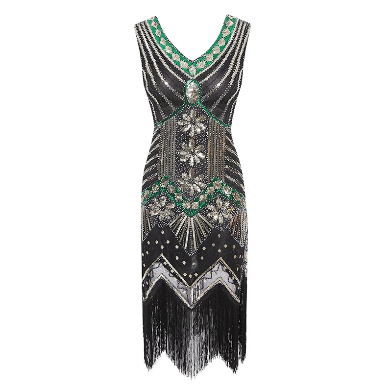 Gold Green Dress Винтажное женское платье 1920s Gastby со сплошным расшитым блестками Сетчатое платье в стиле модерн украшенное бахромой платье размера плюс черный/зеленый/белый/золотой - Цвет: Gold Green Dress