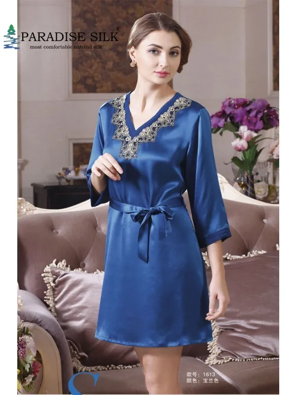 Женское шелковое домашнее платье кружевная ночная рубашка из 100% чистого шелка с V