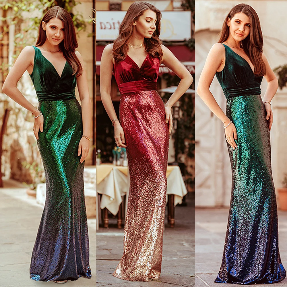 

Sexy V-neck Skinny Maxi Dress Fashion High Street Shiny Sequin Trumpet Dresses High Waist Sleeveless Bodycon Party Evening Robe
