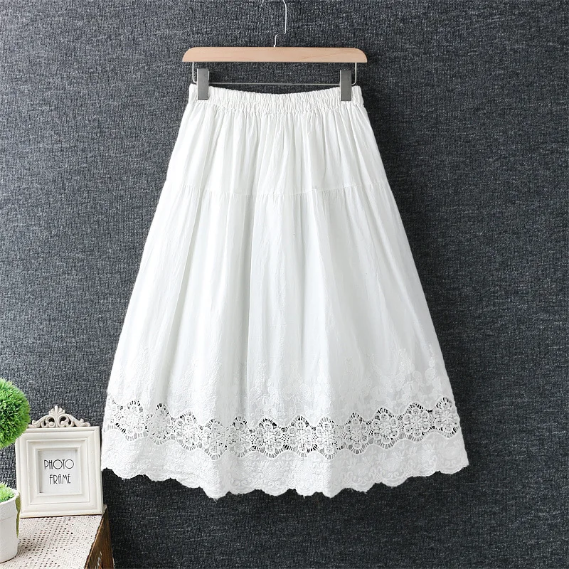 

Patchwork cotton lace green midi Skirt For Women flare pleats elastic waist loose casual