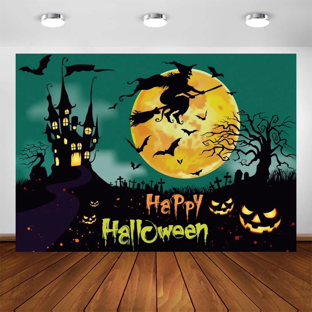 

Halloween Backdrop Castle Moon Tombstone Bat Witch Photography Background Vinyl Photocall Photozone Photo Studio Photophone