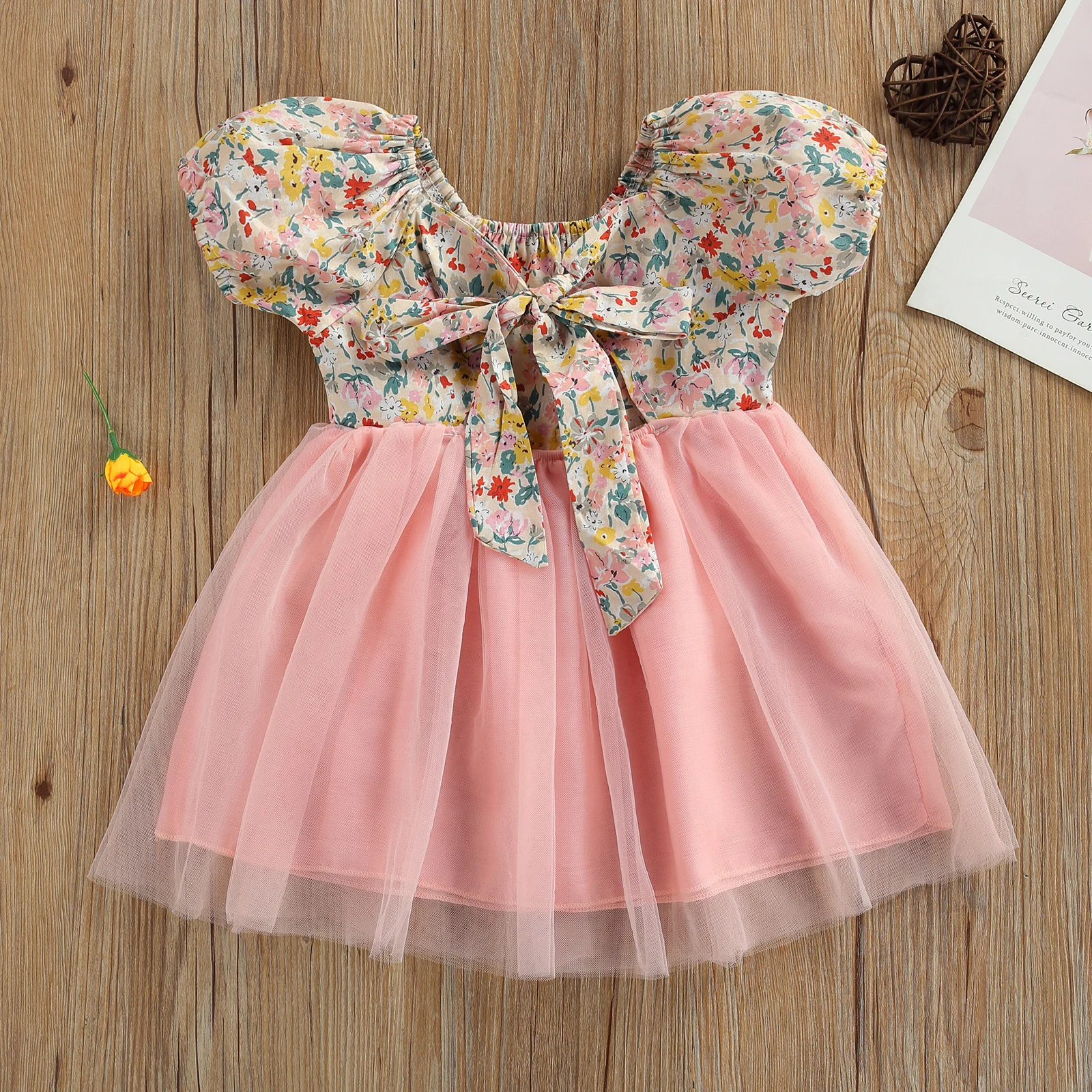 

Summer Baby Girls Princess Dress Toddlers Floral Printing Mesh Splicing Backless Puff Short Sleeve Bow Dress Baby Clothing