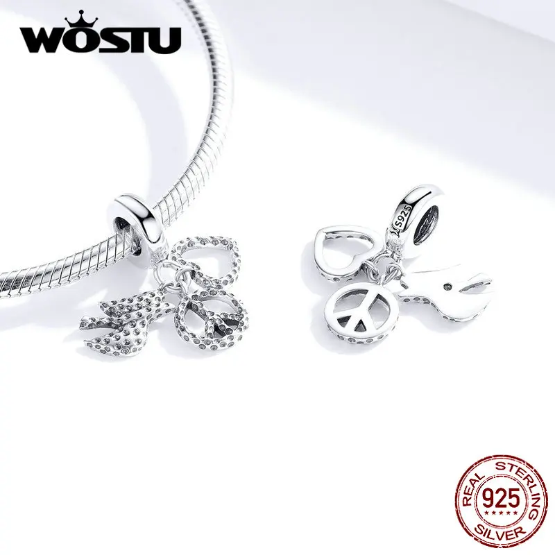 WOSTU анти-война и мир голубь сердце шарм 925 пробы серебро подходит оригинальный