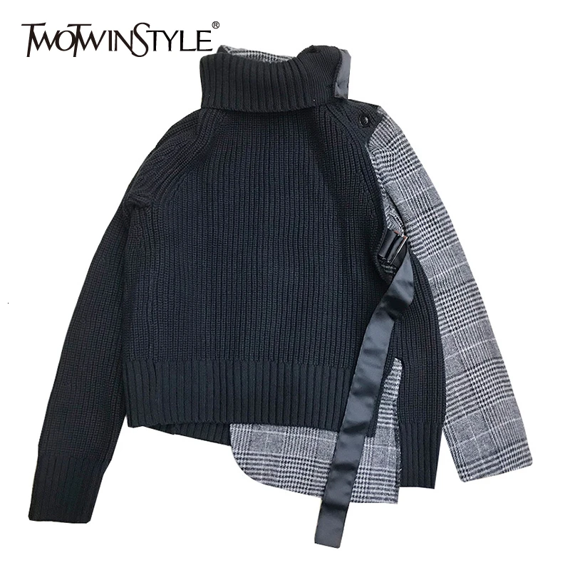 TWOTWINSTYLE вязаный лоскутный клетчатый женский свитер водолазка с длинным рукавом