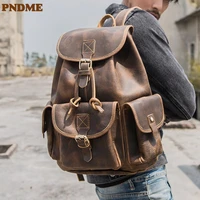 pndme vintage crazy horse cowhide mens womens backpack designer luxury outdoor casual natural genuine leather bagpack bookbag