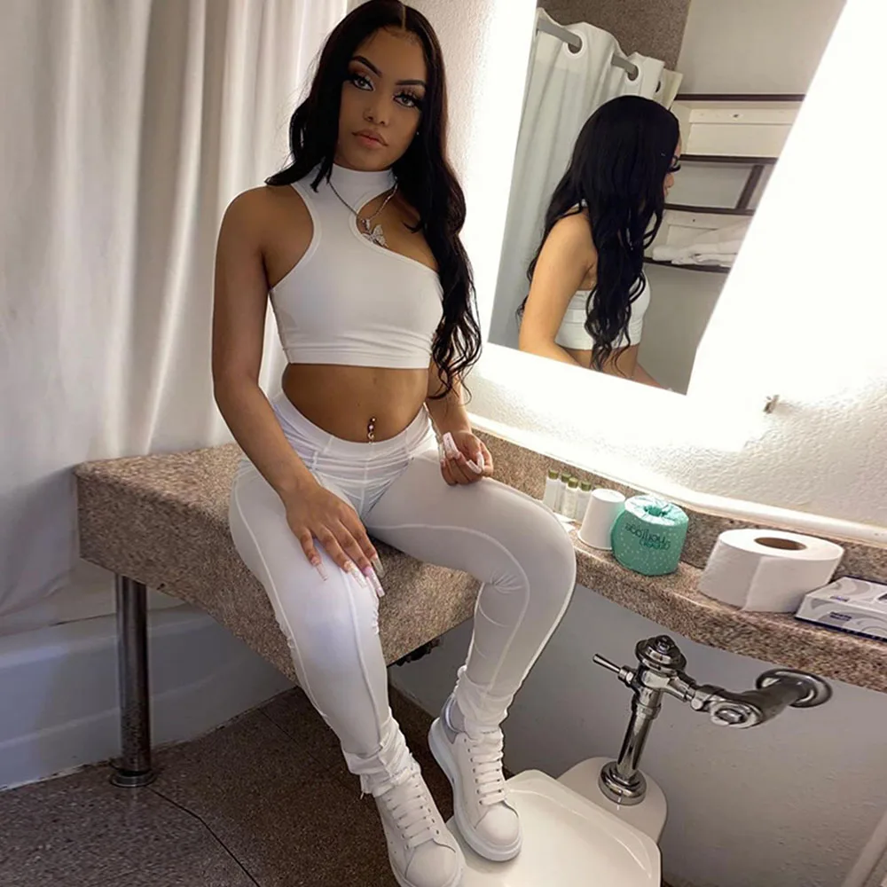 Женский летний облегающий костюм из двух предметов короткий топ и брюки |