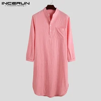incerun fashion men striped robes sleepwear long sleeve stand collar homewear comfortable mens nightgown leisure bathrobes s 5xl