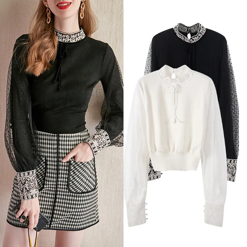 

New in the fall of white gauze collar bow long sleeve embroidery beaded cuff knitted T-shirt joker temperament thin coat