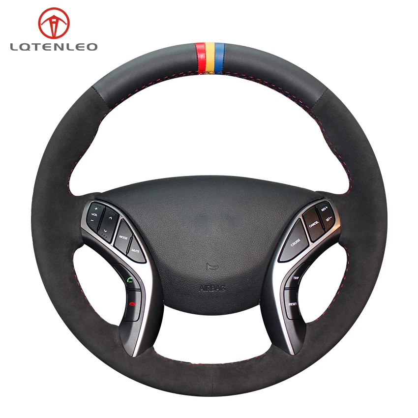

LQTENLEO Black Genuine Leather Suede Car Steering Wheel Cover For Hyundai i30 2012-2017 Elantra 2011-2016 Elantra GT 2013-2017