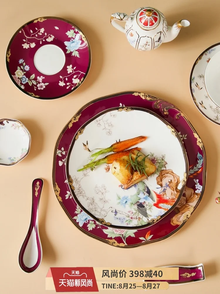 

Household Light Luxury Chinese Bowl Creative Bone China Tableware Ceramic Western Plate Dish Deep Plate Noodle Bowl Soup Bowl