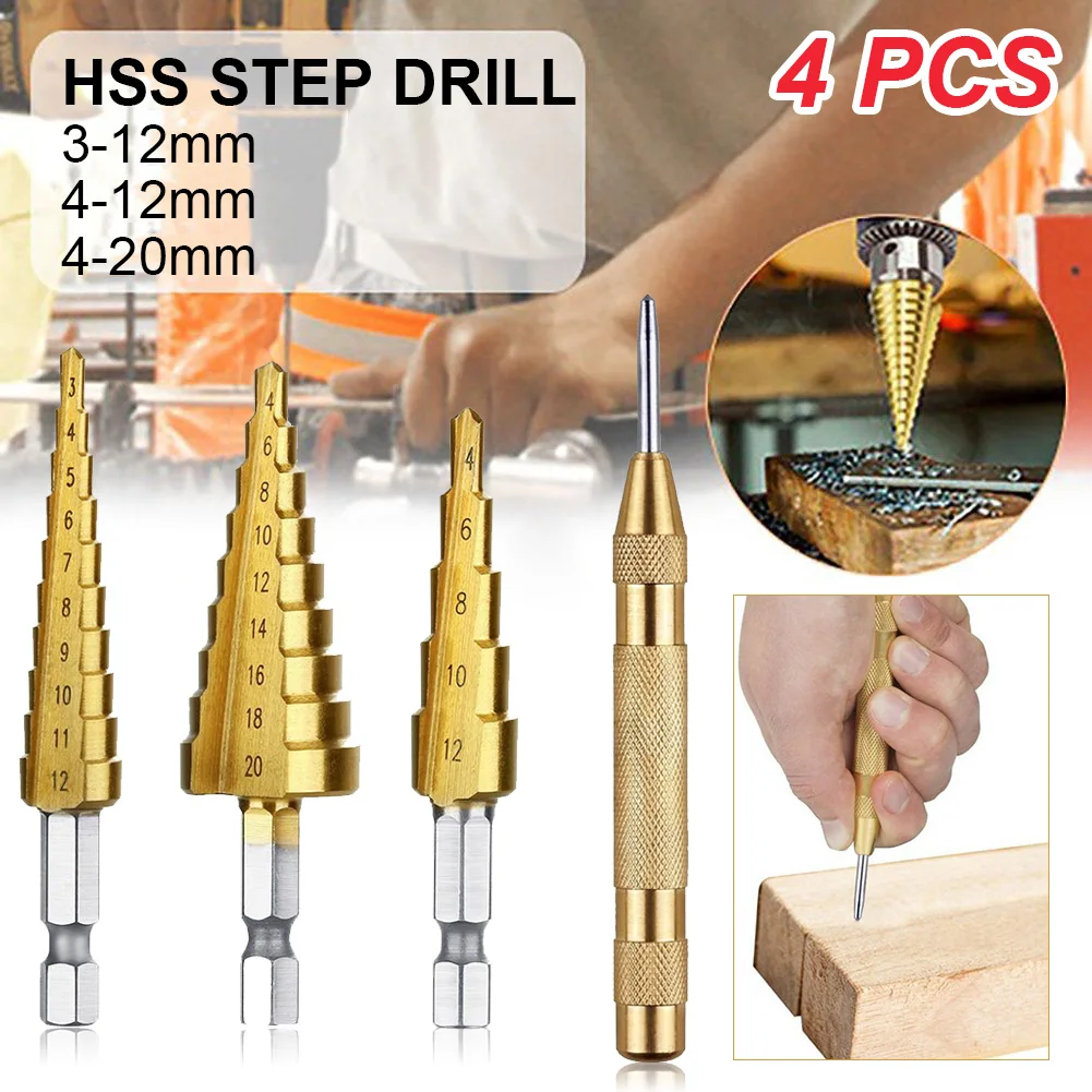 

4pcs 5/9/10-Step Large HSS Steel Step Cone Cut Set Drill Tools Titanium Drill Bits Hole Cutter Durable Coated Metal Drill Bit