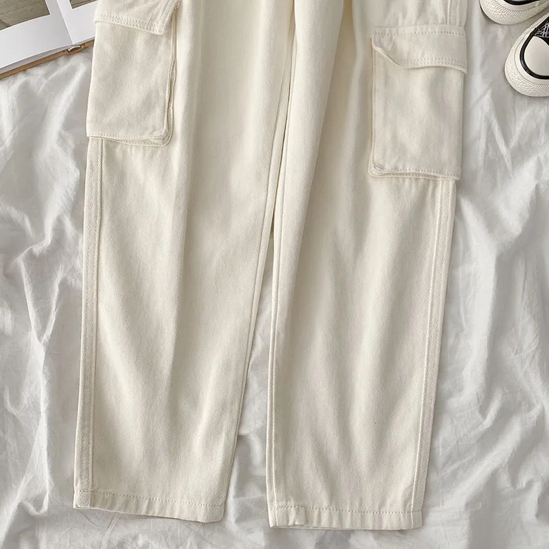 

ZHISILAO New Straight Jeans Women Plus Size Solid Vintage Pocket Elastic Waist Denim Pants Spring 2021 Loose Casual Jeans Chic