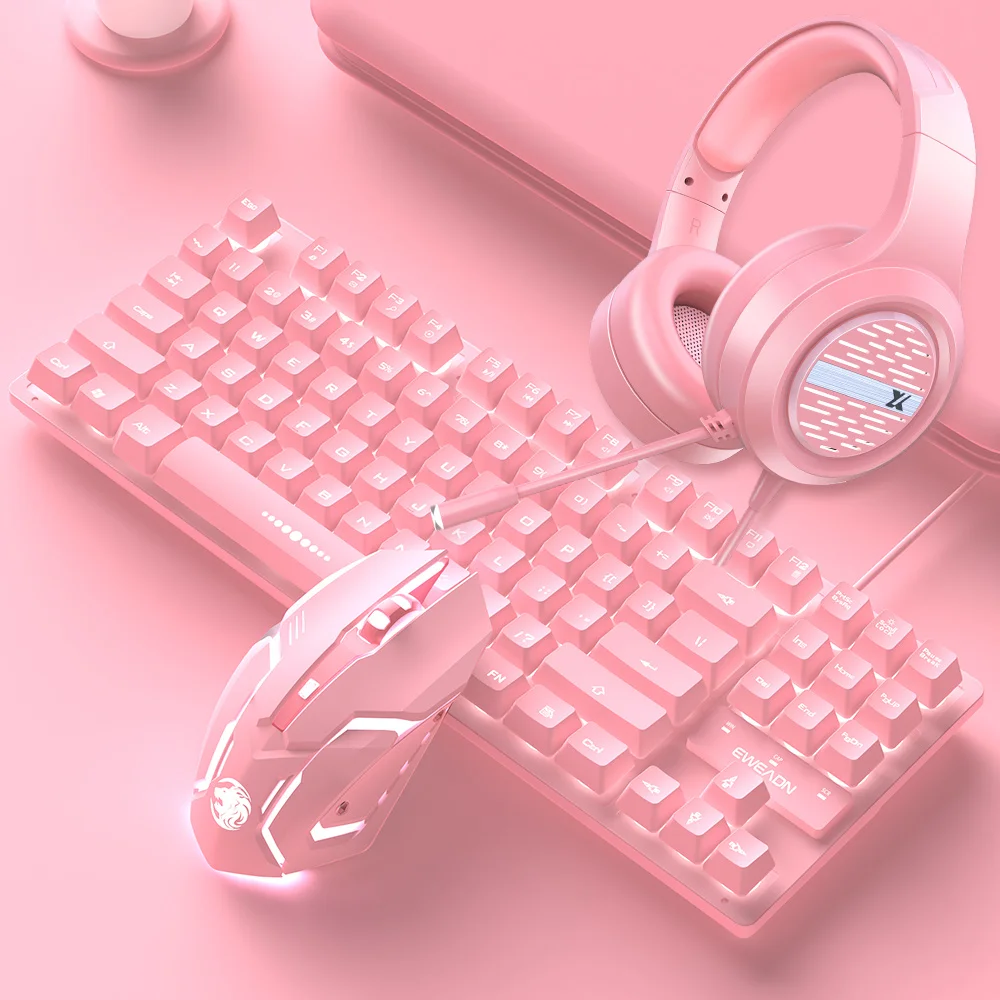 

in 1 3 Keyboard Mouse Earphone 87-key Girl Cute Pink Mute Office Notebook Keyboard Mouse with Headphone Microphone for PC Office