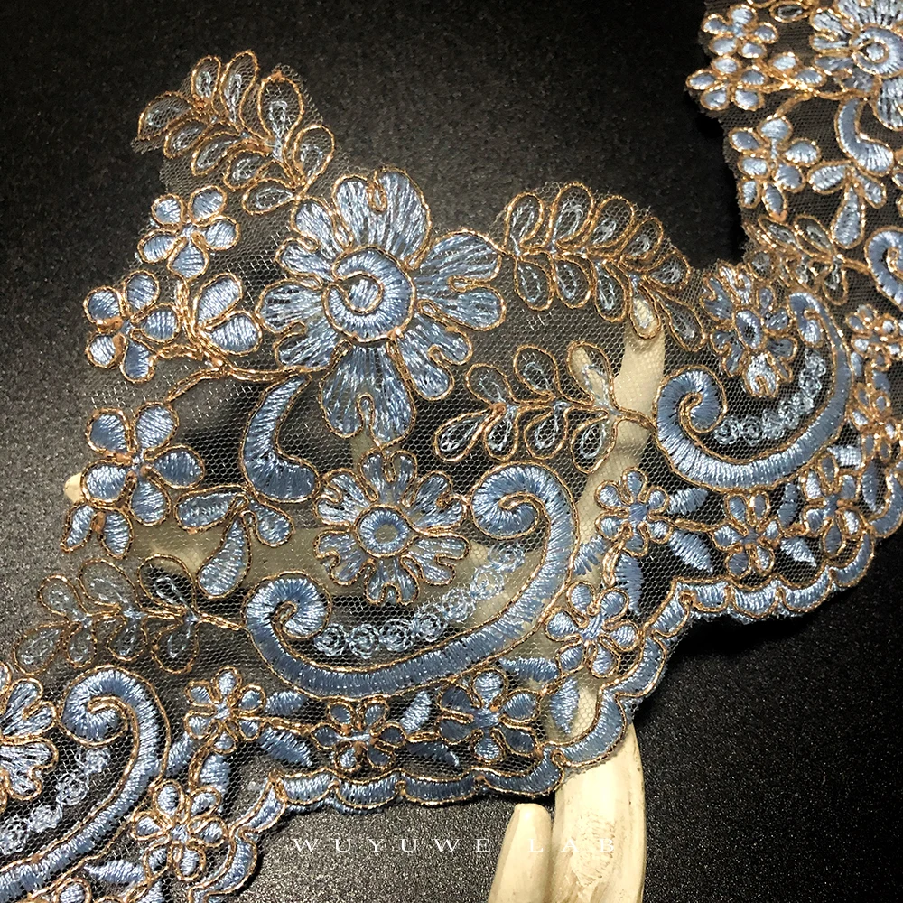 Изящный 1 ярд Золотой синий цвет вышивка аппликация с кружевной отделкой цветок