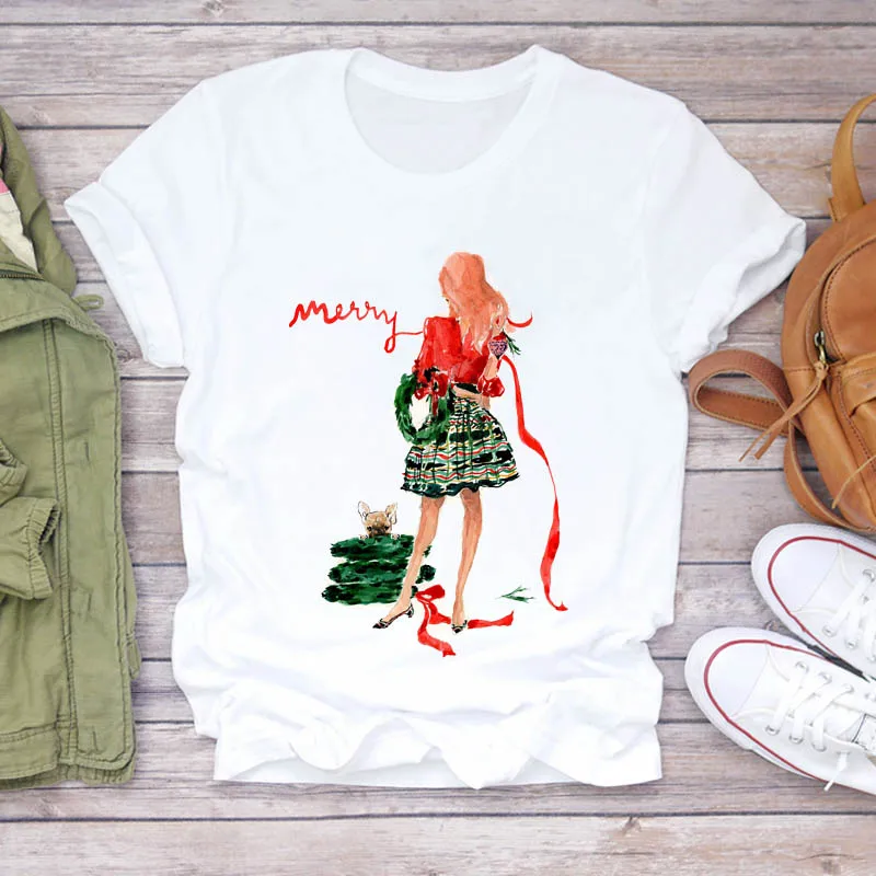 

Women Cartoon Gift Fashion New Year Trend 90s Merry Christmas Print Lady T-shirts Top T Shirt Ladies Graphic Female Tee T-Shirt